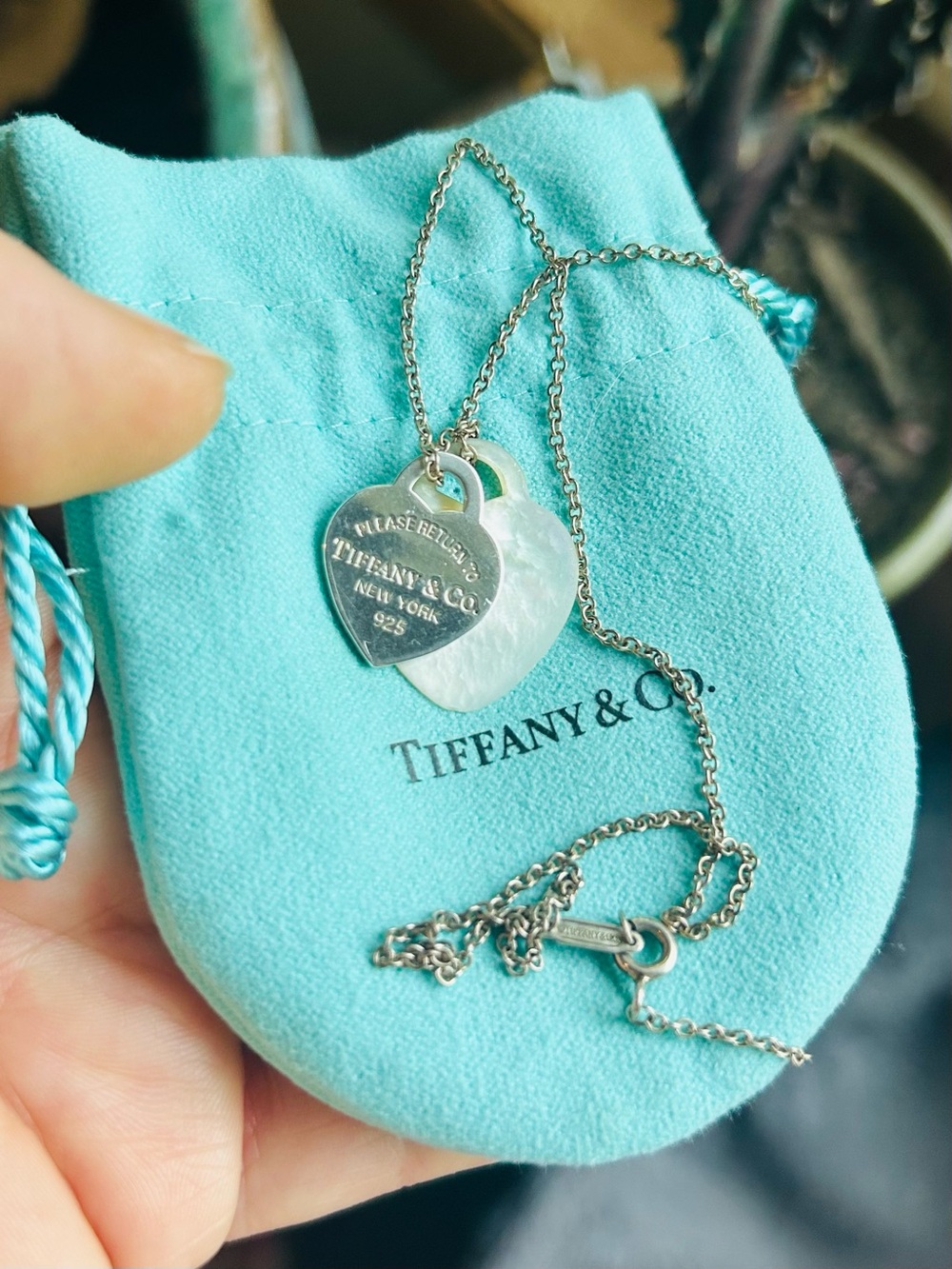 Tiffany & Co 💯% Auth Double Heart Tag 925 Sterling & Mother of Pearl Necklace